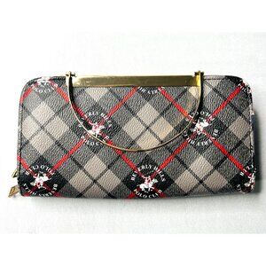 Beverly Hills Polo Club Womens Wallet Clutch With Gold Plated Handle & Plaid Des